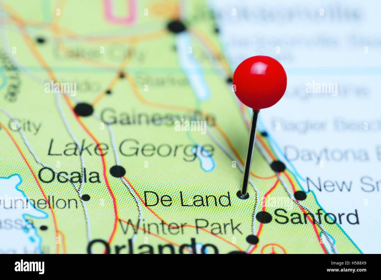 De Land imperniata su una mappa della Florida, Stati Uniti d'America Foto Stock