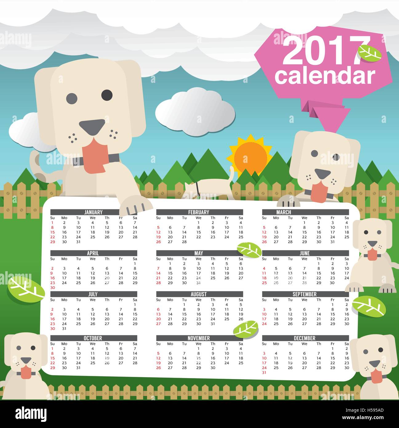 2017 Calendario inizia domenica simpatici cani nel cortile illustrazione vettoriale Illustrazione Vettoriale