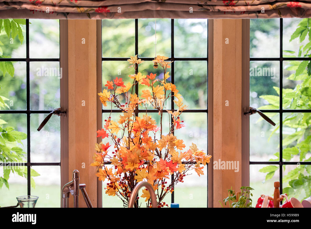 Una disposizione di Acer rami e foglie su un cottage finestra della cucina Foto Stock