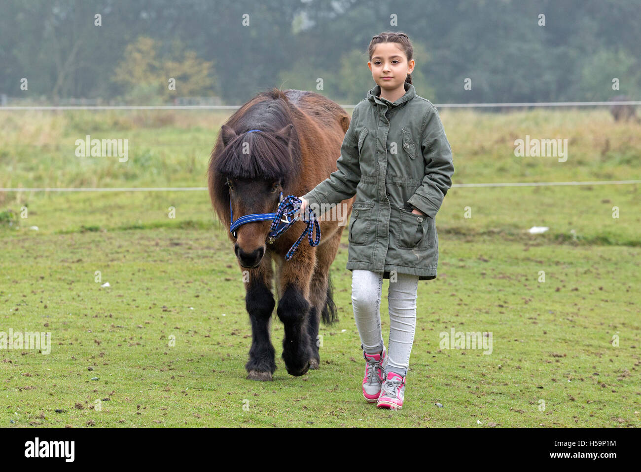 Giovane ragazza camminare il suo pony Foto Stock