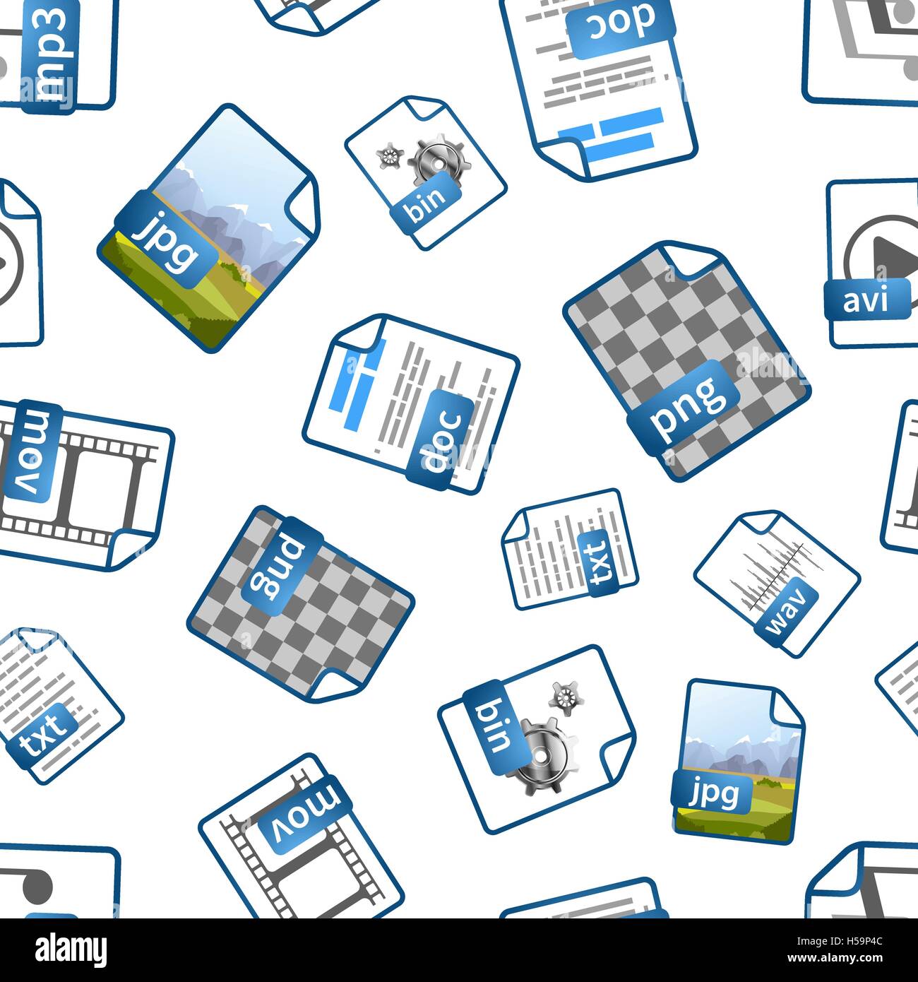 Le icone dei file con estensioni sul bianco, modello senza giunture Illustrazione Vettoriale