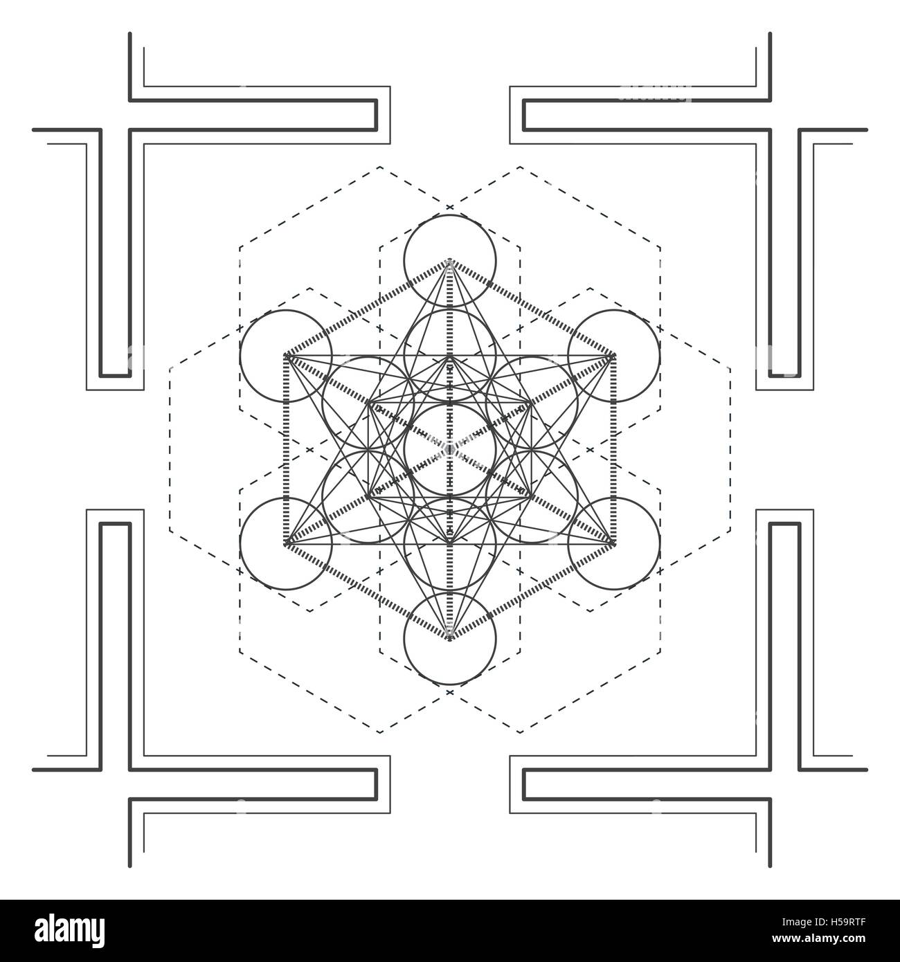 Vector contour design monocromatico mandala geometria sacra immagine metatron cube esagoni isolato sfondo bianco Illustrazione Vettoriale