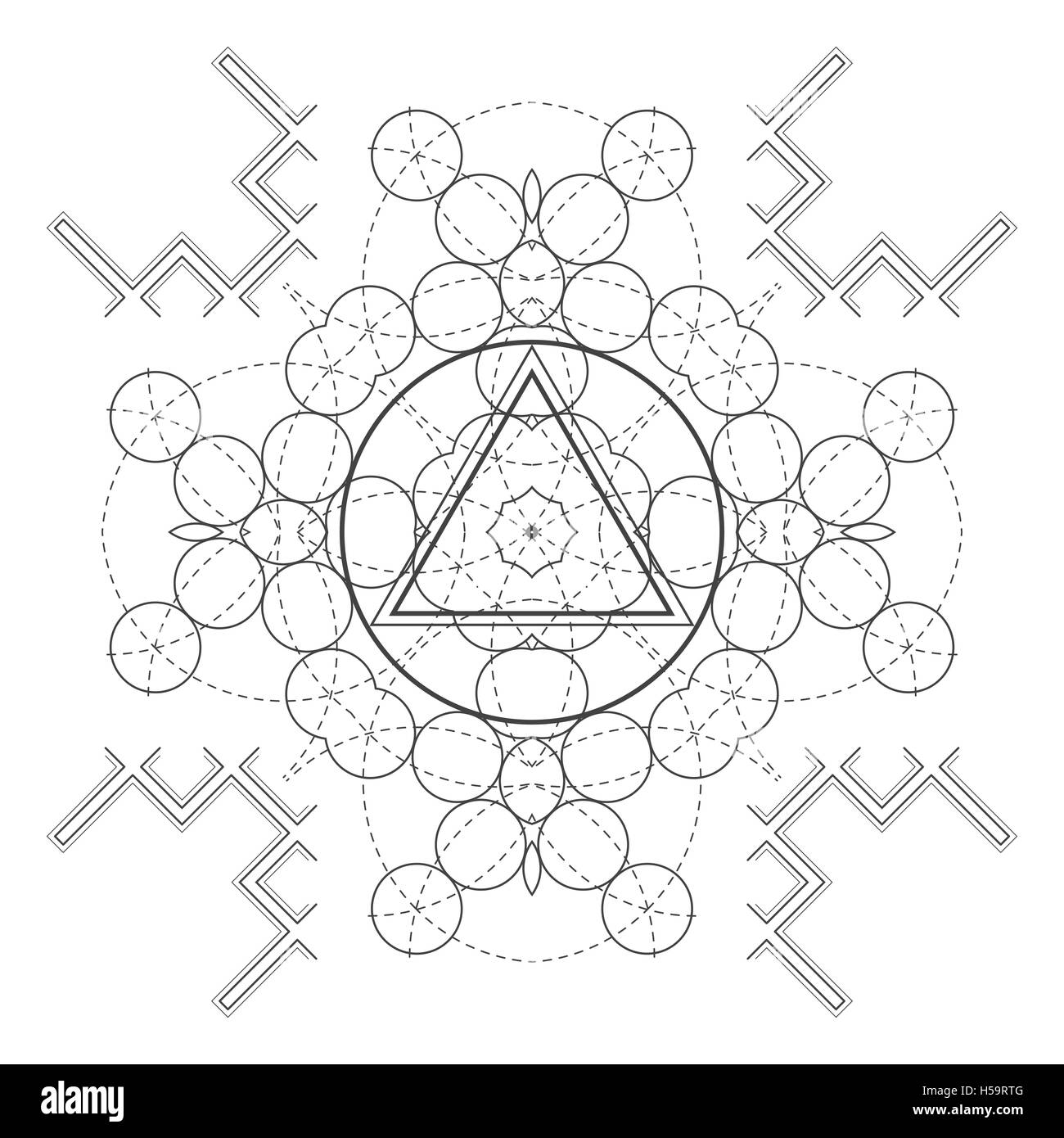 Vector contour design monocromatico mandala geometria sacra immagine triangolo isolato sfondo bianco Illustrazione Vettoriale