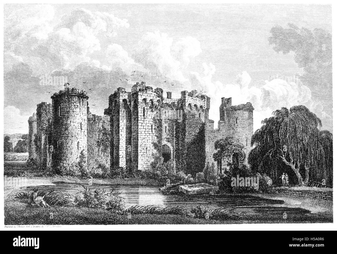 Una incisione di Bodiham (Bodiam) Castello, Sussex scansionati ad alta risoluzione da un libro stampato in 1812. Ritiene copyright free. Foto Stock