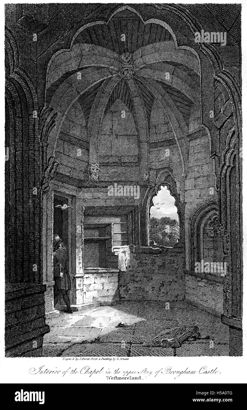 Incisione di Cappella in Brougham Castle, Westmoreland (Longsleddale, Cumbria) scansionati ad alta res da un libro stampato in 1812 Foto Stock