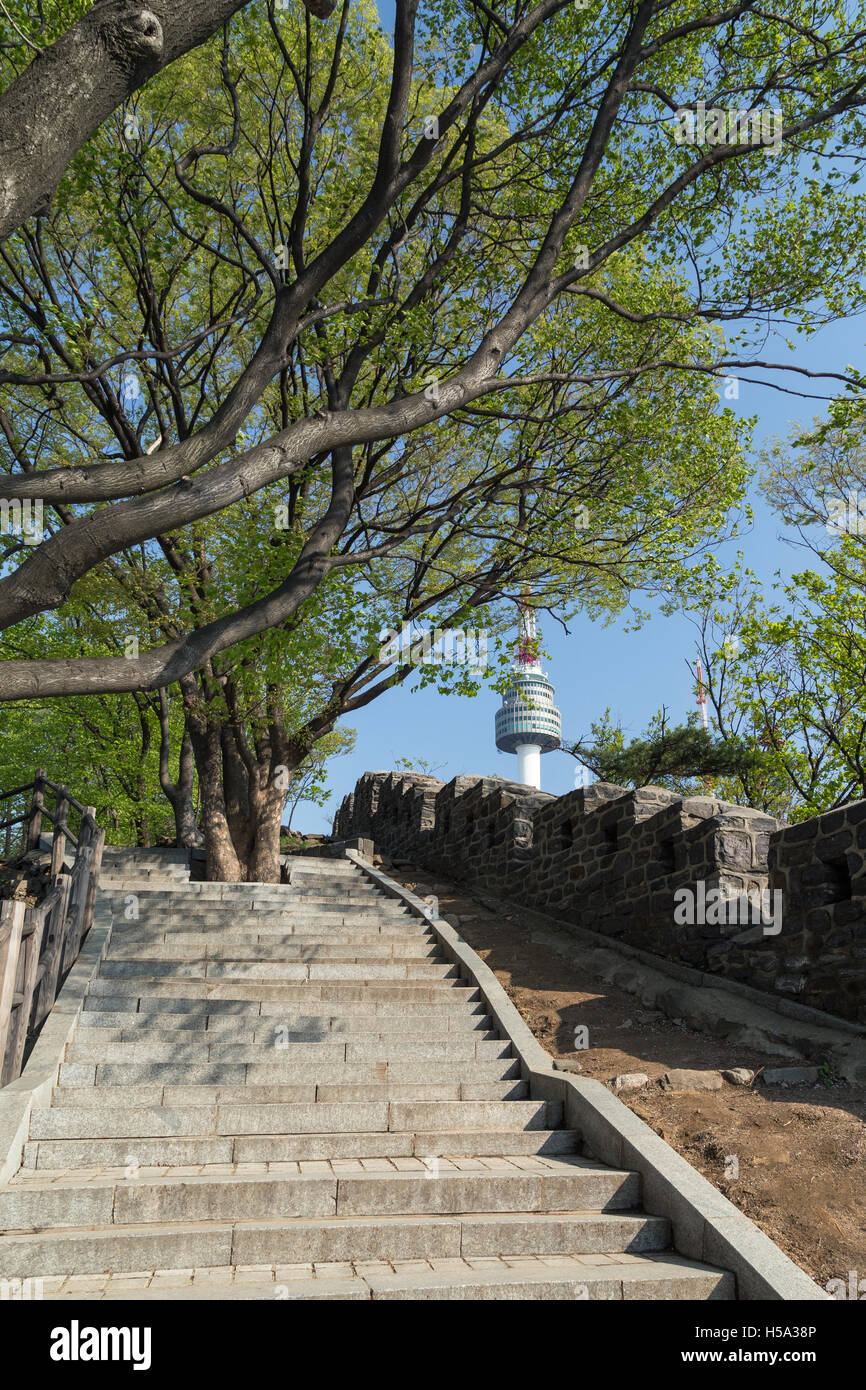 Scalinata, la fortezza vecchia parete (o la parete della città) e la Torre N Seoul (Torre di Namsan) presso la collina di Namsan a Seul, in Corea del Sud. Foto Stock
