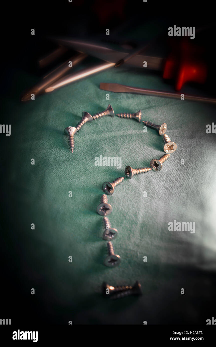 Small Twin-fast viti rivestito a forma di punto interrogativo e cacciaviti diversi su sfondo scuro Foto Stock