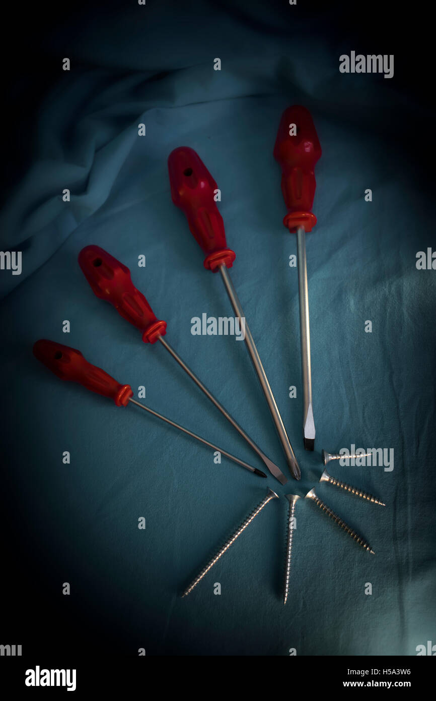 Diversi tipi di viti e cacciaviti rivestite sul drappeggio con sfondo scuro Foto Stock