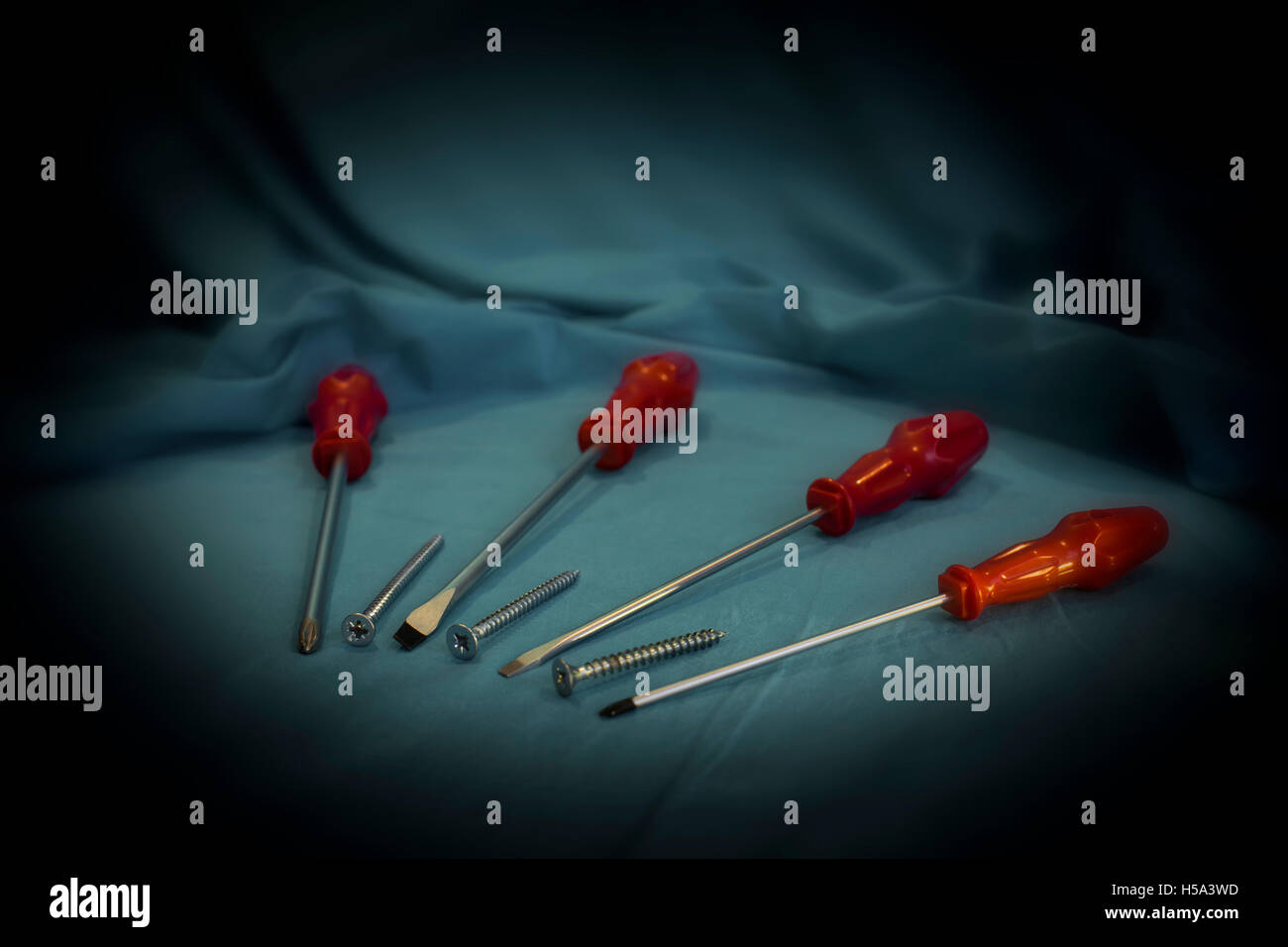 Diversi tipi di viti e cacciaviti rivestite sul drappeggio con sfondo scuro Foto Stock