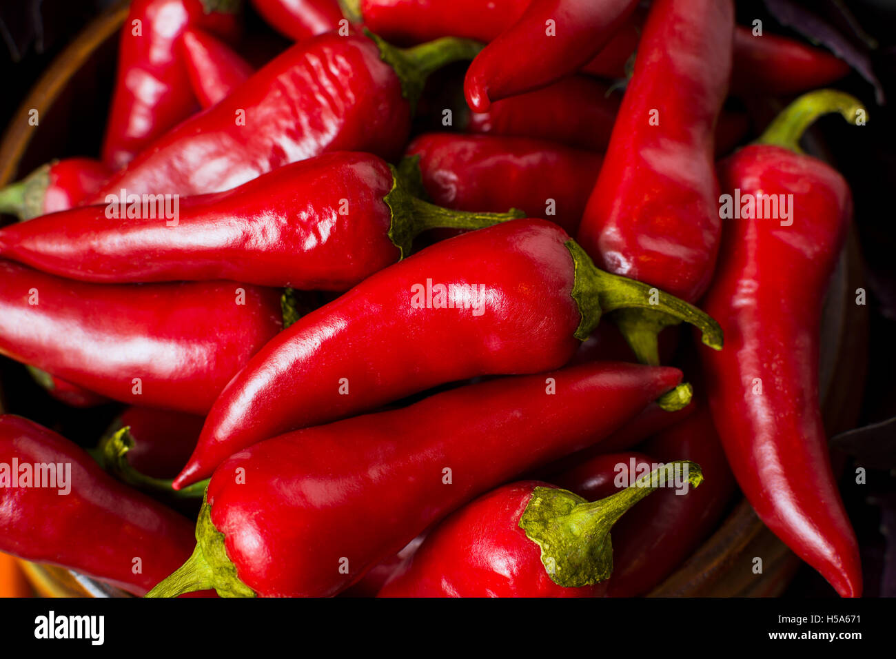 Red hot chili pepper sfondo. Organici di peperoncino. Foto Stock