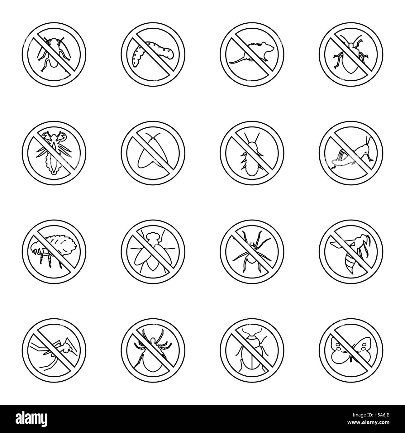Nessun segno di insetto set di icone, sottile stile linea Illustrazione Vettoriale