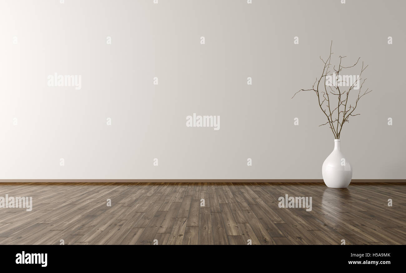 Camera vuoto interiore, sfondo bianco vaso con il ramo sul pavimento in legno 3D rendering Foto Stock