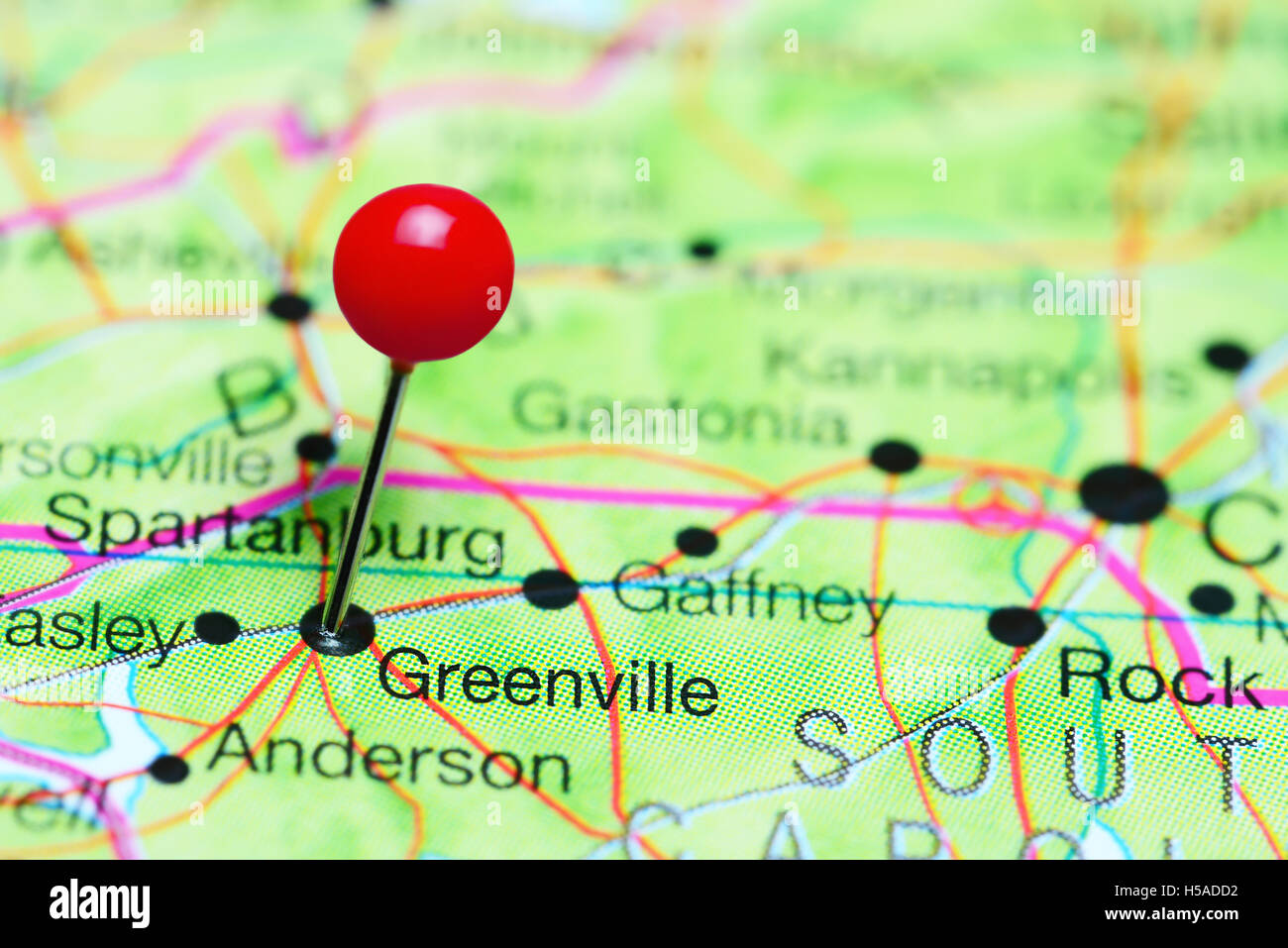 Greenville imperniata su una mappa della Carolina del Sud, STATI UNITI D'AMERICA Foto Stock