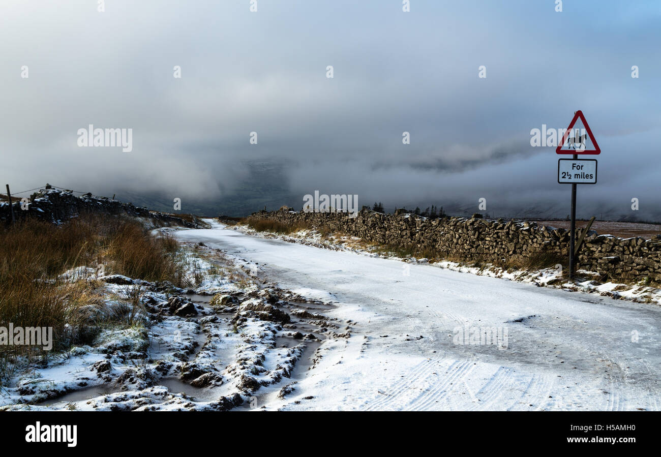Scivoloso andando per tutti gli utenti sulla coperta di neve del carbone strada sopra Dentdale, Cumbria, Yorkshire Dales, Parco Nazionale, England, Regno Unito Foto Stock