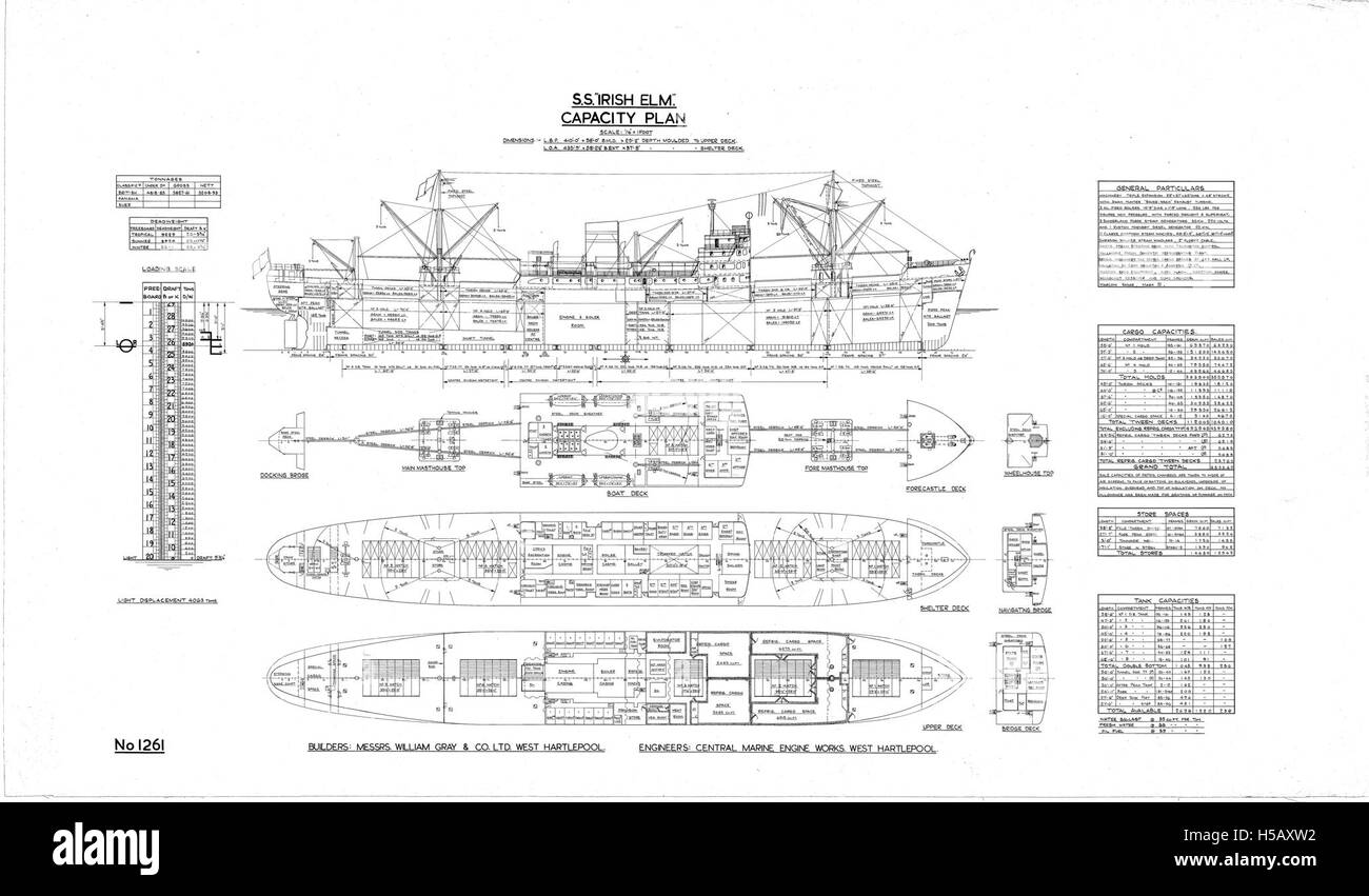Piano di capacità che illustra dettagliatamente le sistemazioni dei passeggeri e la distribuzione del carico sulla SS Irish Elm, una nave passeggeri operante all'inizio del XX secolo, che fornisce informazioni sui servizi marittimi di trasporto passeggeri. Foto Stock