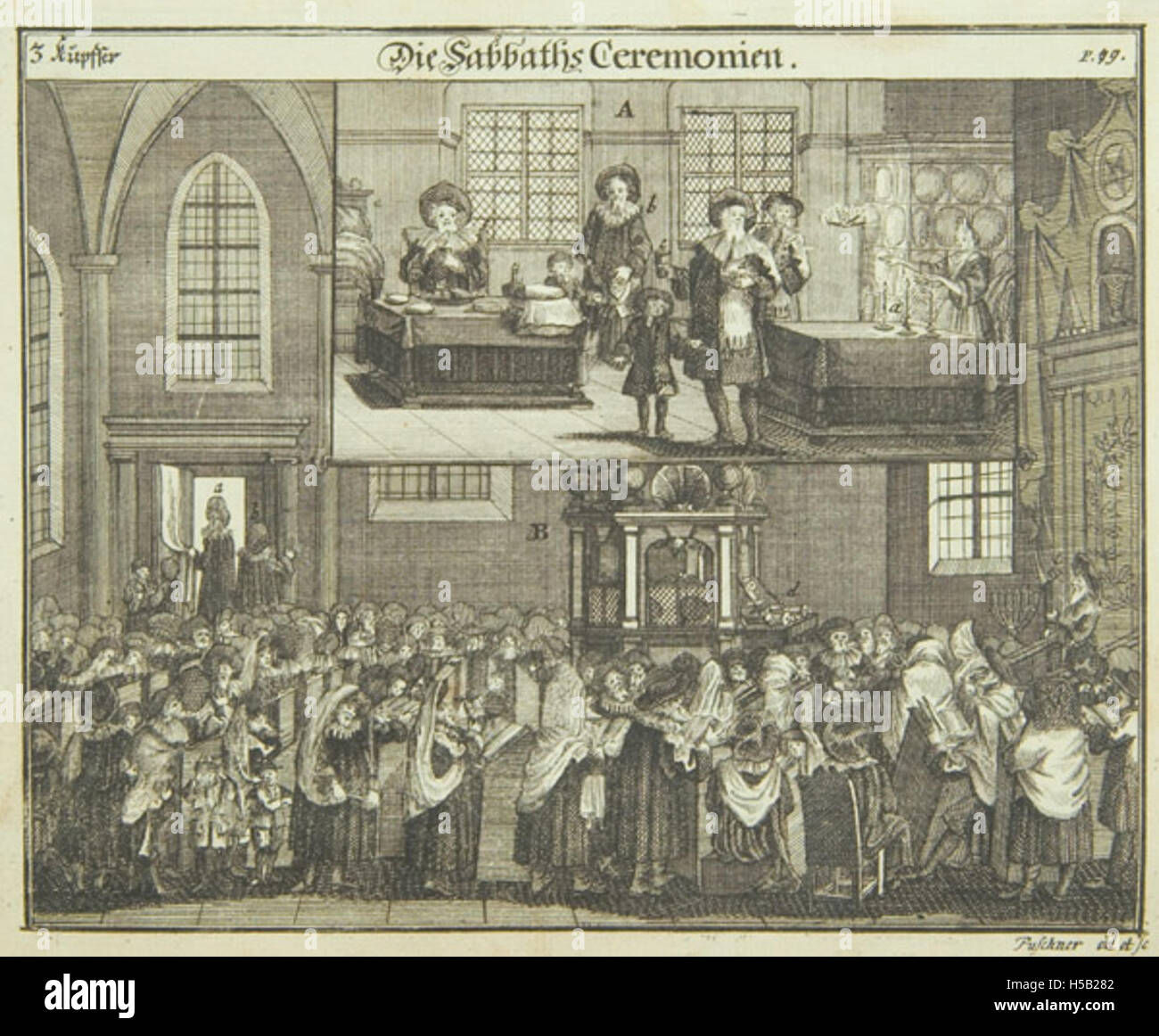 Questa immagine è una rappresentazione delle cerimonie di sabato del 1724, come descritto in "Juedisches Ceremoniel". La fotografia riflette i riti e le usanze religiose ebraiche durante il XVIII secolo, evidenziando le tradizioni che circondano lo Shabbat. Foto Stock