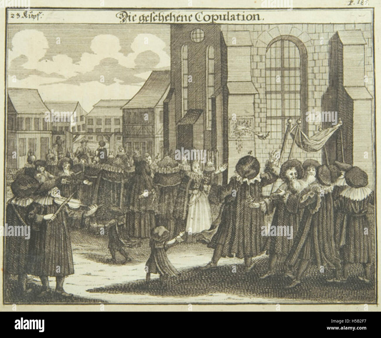 Questa immagine riflette le usanze matrimoniali ebraiche dell'anno 1724, basate sulle tradizioni cerimoniali ebraiche. Fa parte di una raccolta di riti e cerimonie matrimoniali nella cultura ebraica. Foto Stock