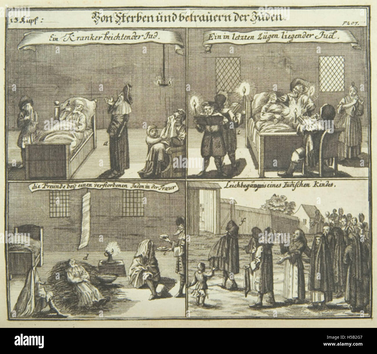 Questa immagine si riferisce a una rappresentazione cerimoniale ebraica del 1724 concentrata sui costumi e i rituali relativi alla morte e al lutto nella cultura ebraica. Mette in risalto riti e cerimonie associati alla morte di una persona cara. Foto Stock