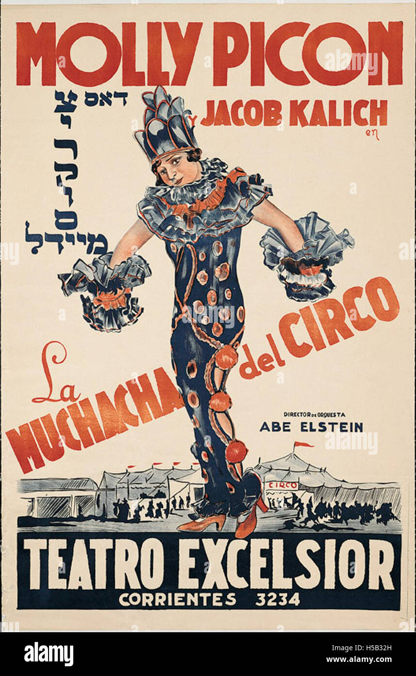 Un poster teatrale yiddish con Molly Picon nella commedia *muchacha del Circo*, eseguita al Teatro Excelsior. Il poster riflette la popolarità del teatro yiddish tra la prima e la metà del XX secolo e il ruolo di primo piano di Picon in questo movimento culturale. Foto Stock