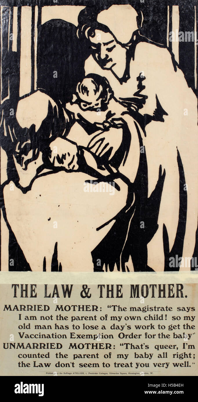 Questo manifesto di suffragio del 1909, intitolato "The Law & the Mother", sostiene il diritto di voto delle donne, collegando la lotta per il suffragio al ruolo delle donne come madri e caregiver. Foto Stock