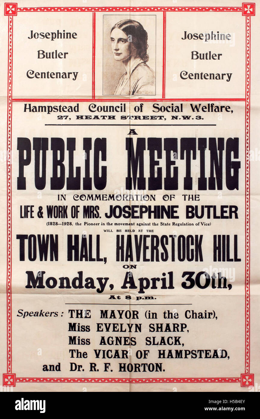 Questo poster commemora il centenario di Josephine Butler nel 1928. Mette in evidenza un incontro pubblico tenuto in suo onore, celebrando i suoi contributi alla riforma sociale, in particolare nei diritti delle donne e nella giustizia sociale durante la fine del XIX secolo e l'inizio del XX secolo. Foto Stock