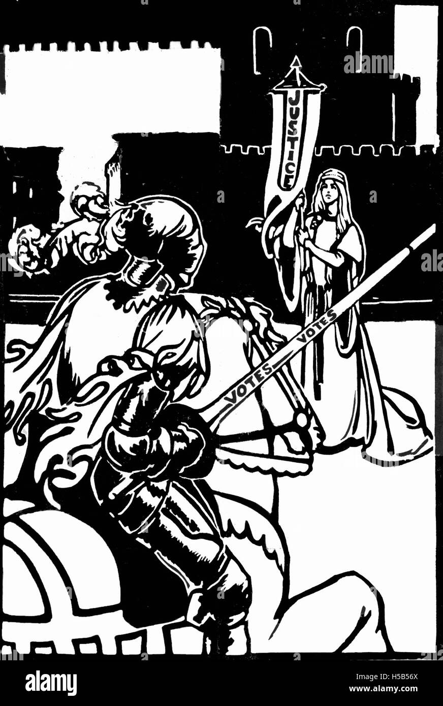 Immagini progettate per promuovere il suffragio, con illustrazioni e ritratti relativi al movimento del suffragio femminile. Queste immagini coloranti sono state probabilmente utilizzate come strumenti educativi per diffondere la consapevolezza sul diritto di voto delle donne. Foto Stock