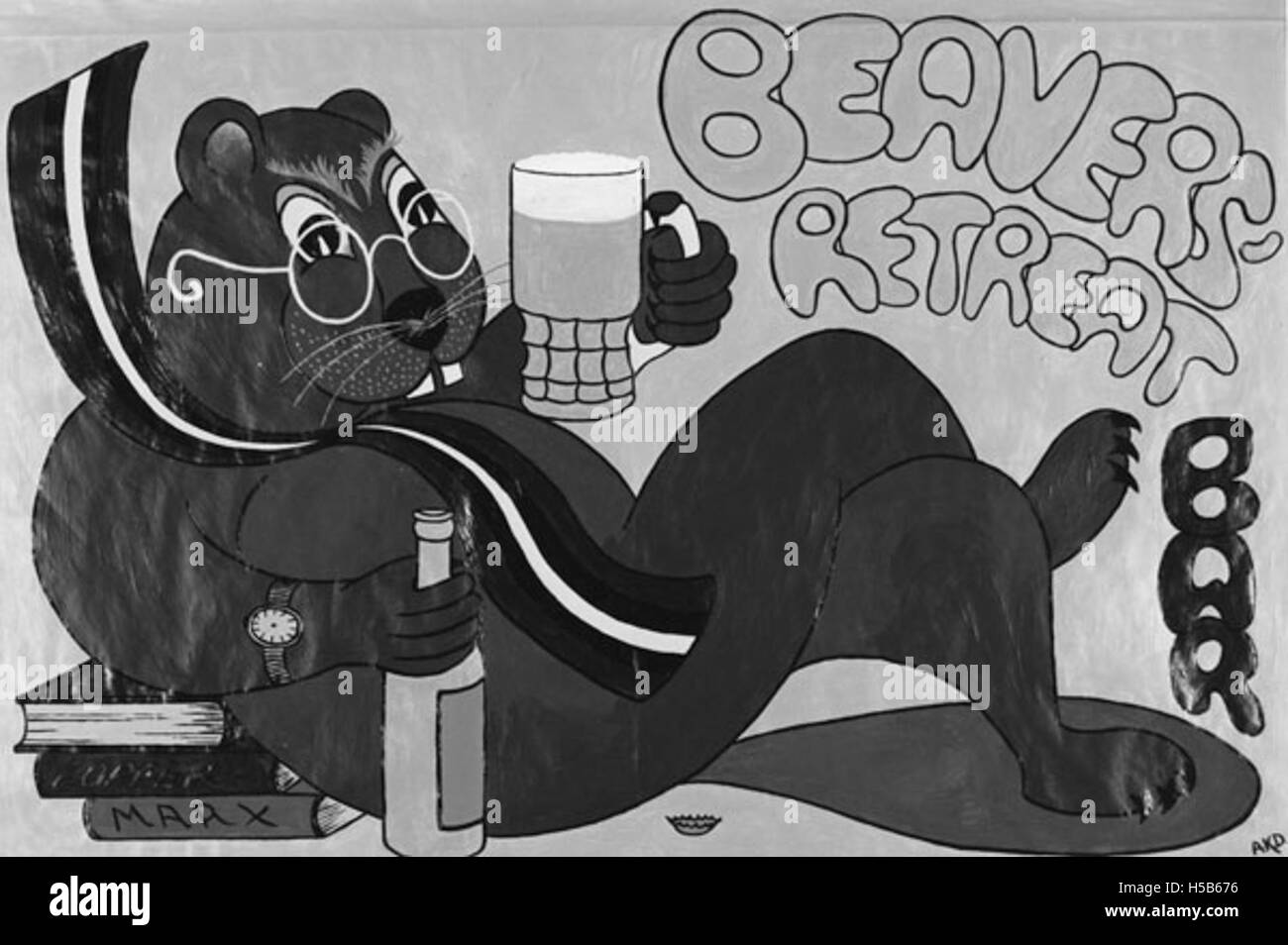 Questa immagine mostra il design vincente per il cartello del pub The Beavers' Retreat, creato nel 1978. Il design è stato scelto come segno ufficiale per il pub, riflettendo il marchio e l'estetica dell'edificio. Foto Stock