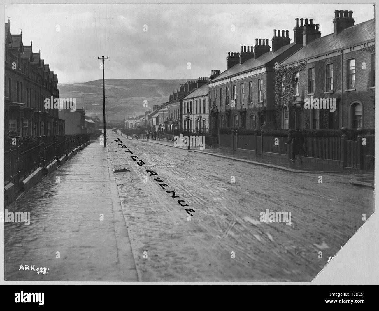 Una vista generale di Tate's Avenue nel 1911, scattata in una fotografia dagli archivi della B.C.A. Questa immagine fornisce uno sguardo sulla scena stradale, tra cui edifici, veicoli e persone, che riflettono il paesaggio urbano dei primi anni del XX secolo. Foto Stock