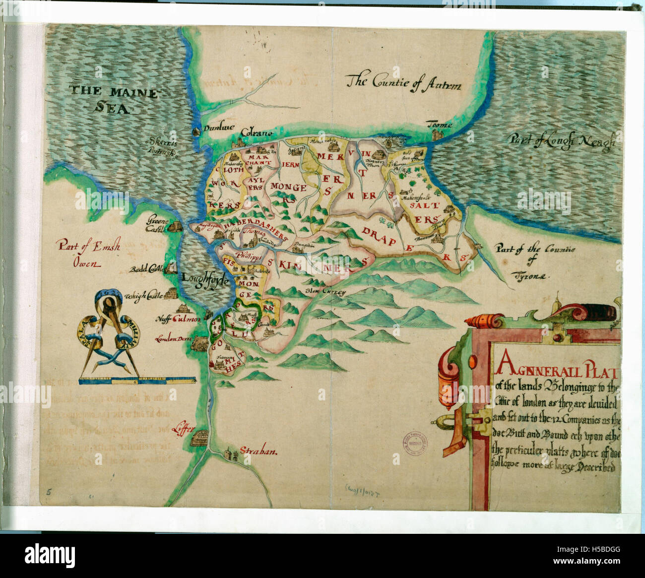 Una mappa storica che mostra il piano generale delle terre di proprietà della City di Londra. Queste terre furono divise e affittate alle 12 compagnie, una parte fondamentale dello sviluppo iniziale di Londra e della sua storia economica. Foto Stock
