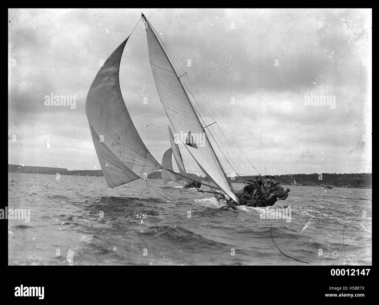Una flotta di yacht da corsa di 18 piedi che gareggiano nel porto di Sydney, un evento di vela popolare. Foto Stock