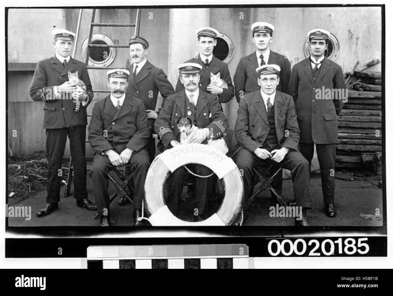 I membri dell'equipaggio della SS Strathgarry, una nave mercantile, sono visti in posa con il terrier del capitano e due gatti. Questa fotografia riflette il lato più leggero e personale della vita a bordo di una nave in servizio all'inizio del XX secolo. Foto Stock I membri dell'equipaggio della SS Strathgarry, una nave mercantile, sono visti in posa con il terrier del capitano e due gatti. Questa fotografia riflette il lato più leggero e personale della vita a bordo di una nave in servizio all'inizio del XX secolo. Foto Stock