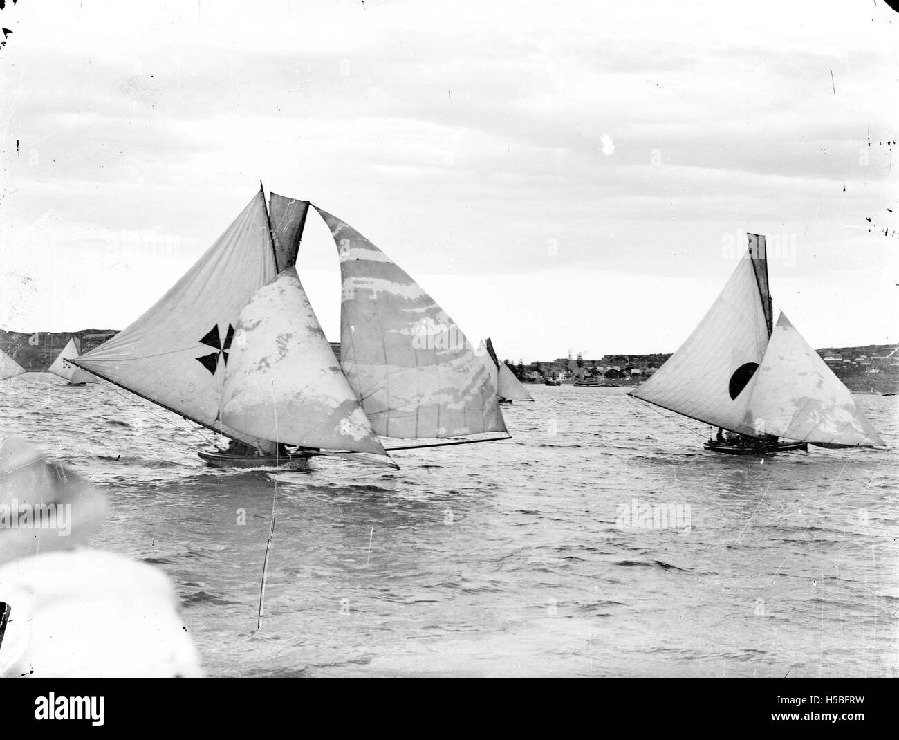 Questa immagine cattura due yacht che corrono nel porto di Sydney, mostrando la natura competitiva degli eventi velici in uno dei porti più iconici del mondo. Il porto di Sydney e' una posizione popolare per le regate e le regate di yacht. Foto Stock