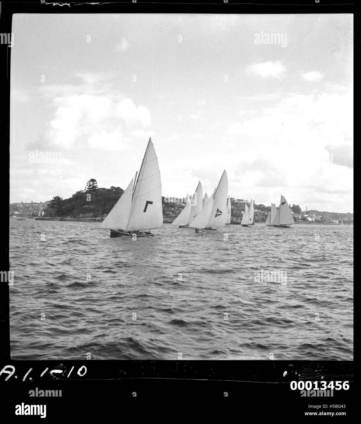 Lo yacht da corsa di 18 piedi, Jenny IV, è visto navigare sul porto di Sydney. Questa classe di barche è conosciuta per la sua velocità e le gare competitive nella cultura marittima australiana. Foto Stock