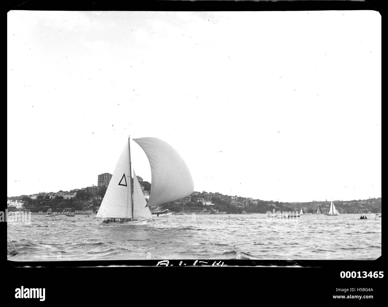 Anche il 18-footer Beverley gareggia sul porto di Sydney durante il campionato mondiale di 18-piè di pagina del 1951. Questo evento mette in evidenza la vela competitiva a metà del XX secolo, mostrando l'abilità dei marinai e la popolarità della vela come sport. Foto Stock