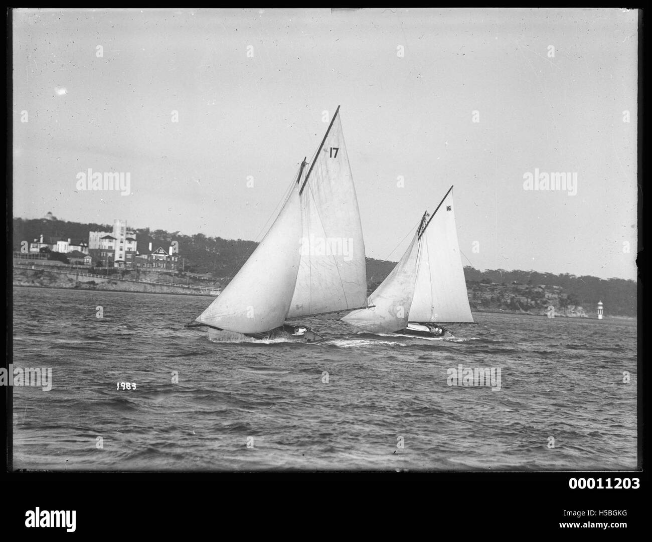 Questa immagine presenta scivoli in barca a vela nel porto di Sydney, catturando la vivace scena marittima tra l'inizio e la metà del XX secolo. Foto Stock