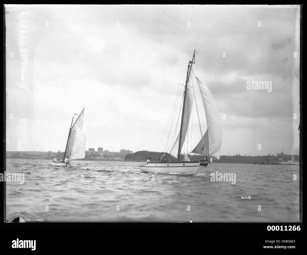 Questa immagine cattura gli yacht che navigano sul porto di Sydney, offrendo una vista dell'iconico porto, ben noto per le sue splendide acque e la vibrante cultura nautica in Australia. Foto Stock