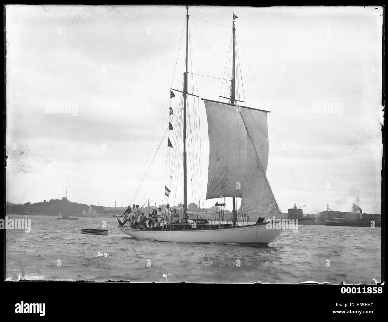 Lo Schooner WANDERER e' visto navigare sul Porto di Sydney. La fotografia mostra le eleganti vele dell'imbarcazione e l'ambiente pittoresco del porto. Foto Stock