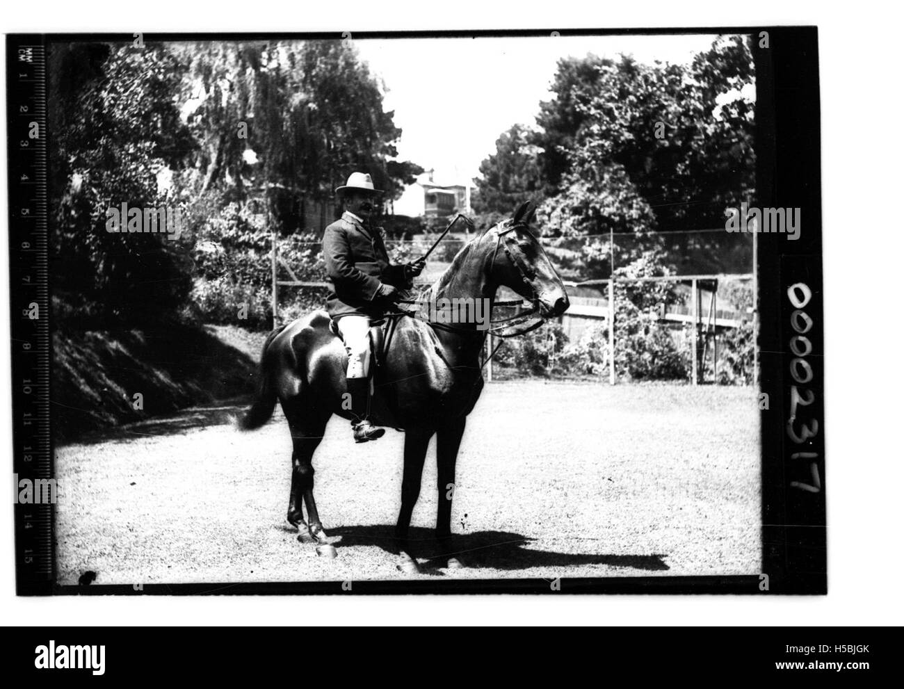 Un ritratto storico di un uomo montato su un cavallo, che cattura il soggetto in completo abbigliamento equestre. L'ambiente non è specificato ma suggerisce un contesto tradizionale o cerimoniale. Foto Stock