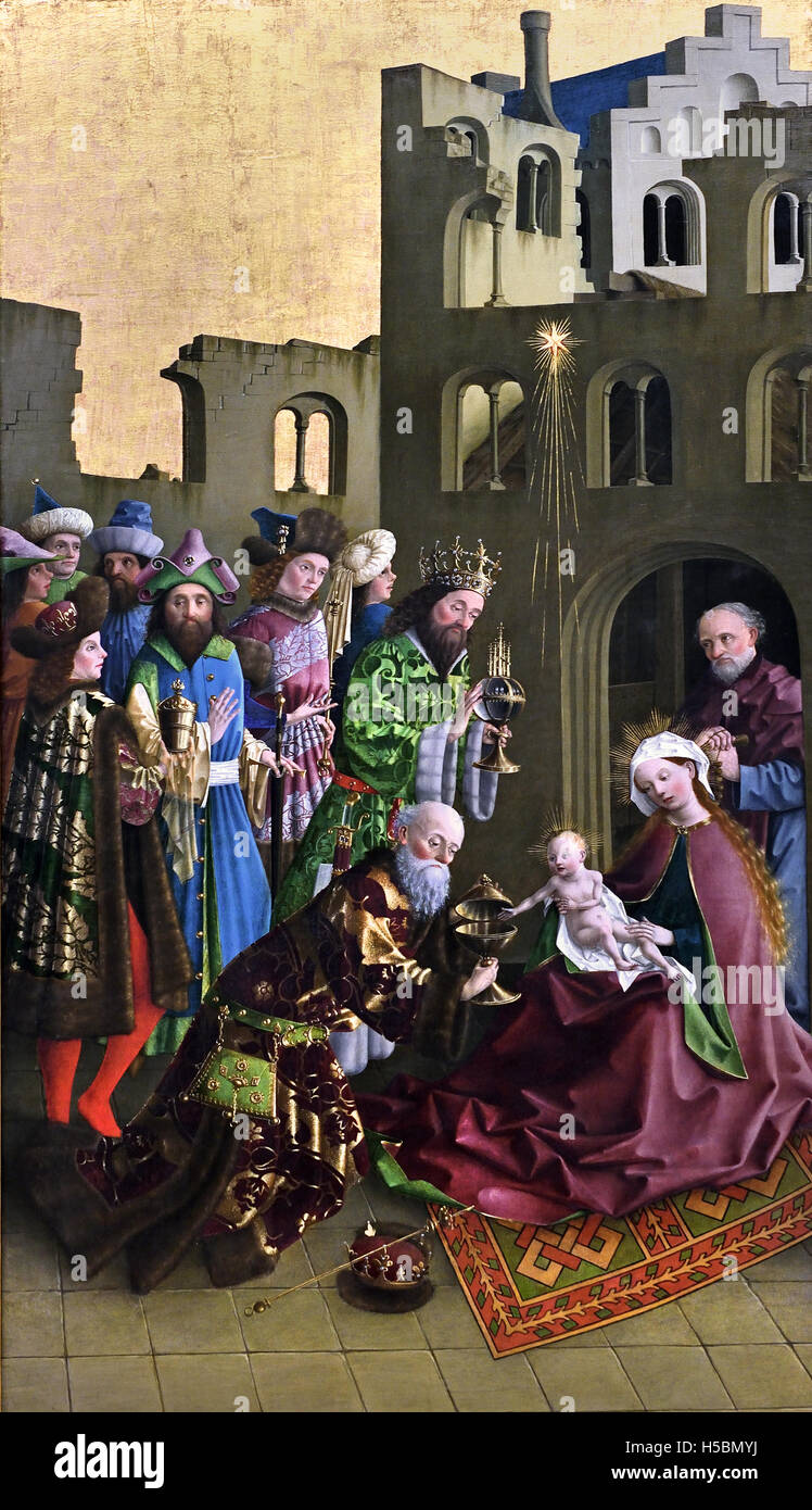 Die Anbetung der könige - Il culto dei re del pittore Meister - Maestro della Passione di Darmstadt 1440 Oberschwaben Mittelrhein tedesco Germania Foto Stock