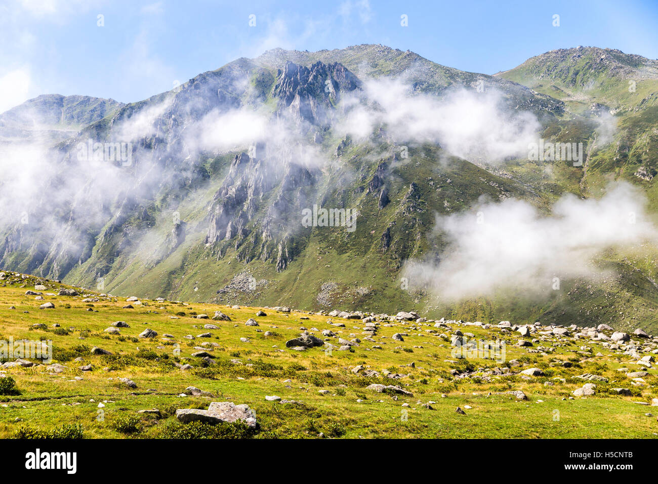 Foggy Kackar montagne picco con il verde prato erboso in primo piano Foto Stock