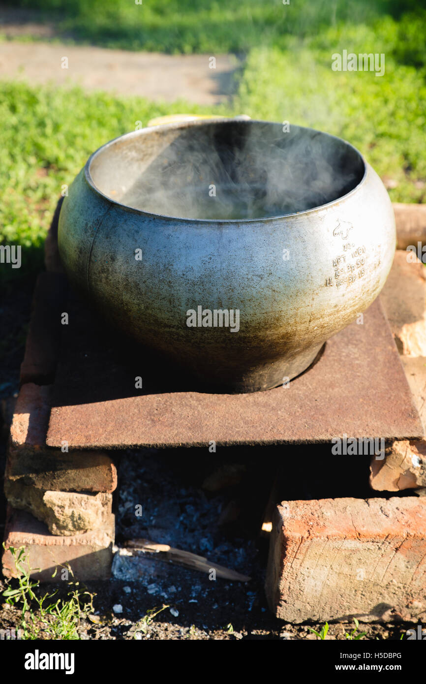 Russo la zuppa di pesce per la cottura sul fuoco aperto Foto Stock