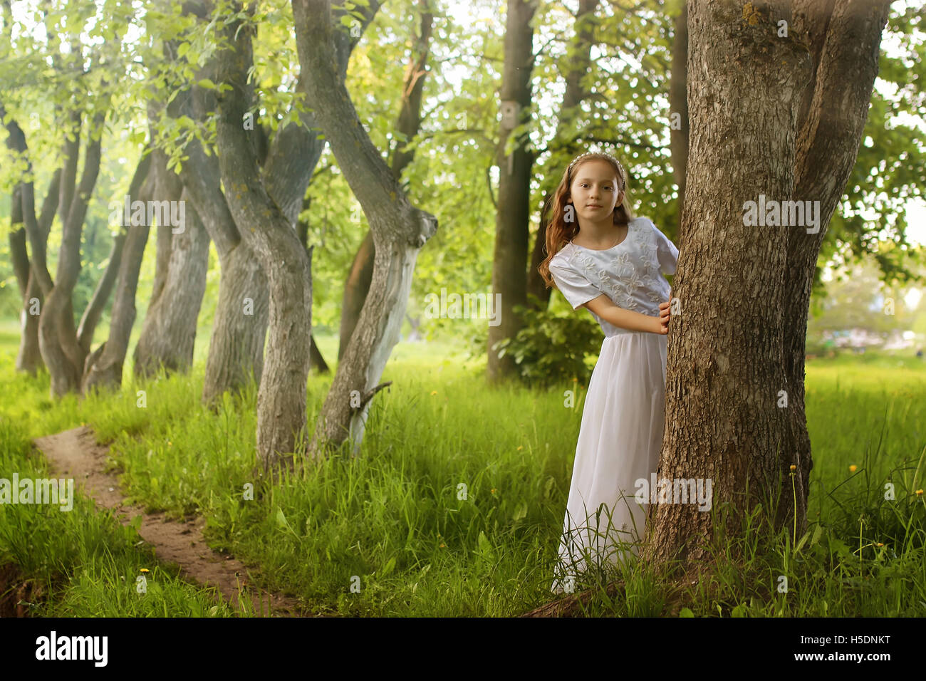 La ragazza di fiaba park con albero in primavera Foto Stock