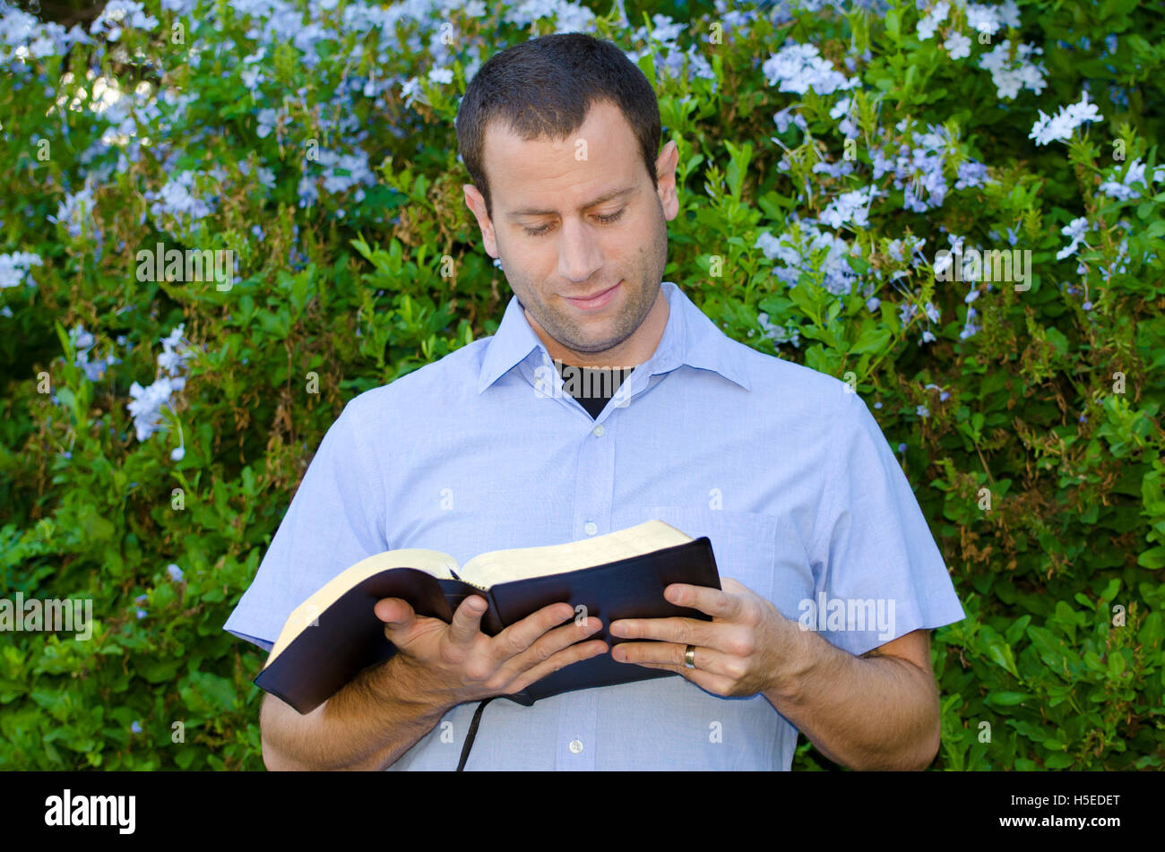 Leggendo la Bibbia - La Parola di Dio all'aperto su una bella giornata. Foto Stock