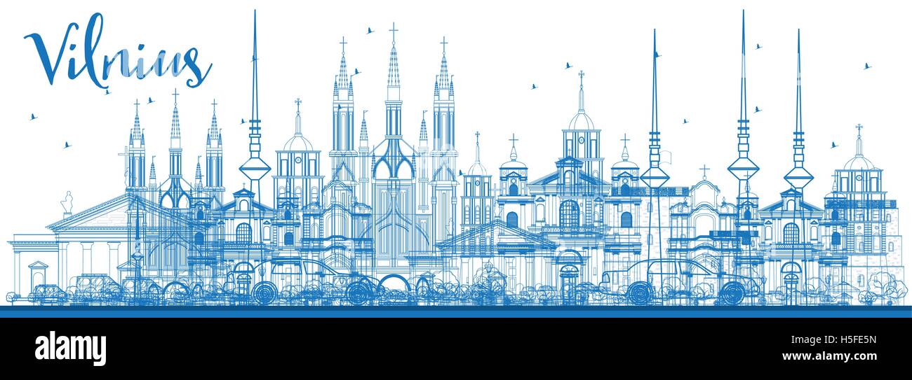 Profilo dello Skyline di Vilnius con punti di riferimento di colore blu. Illustrazione Vettoriale. Viaggi di affari e di turismo con il concetto di architettura storica Illustrazione Vettoriale