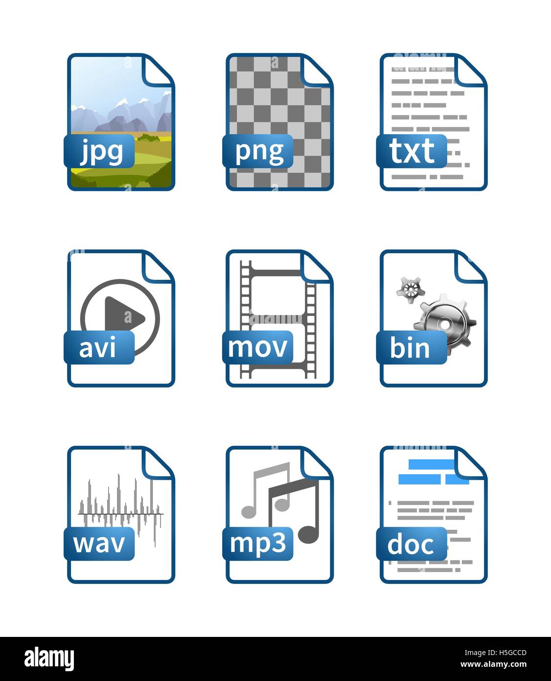 Semplice blu brillante le icone dei file con estensioni isolato su bianco Illustrazione Vettoriale