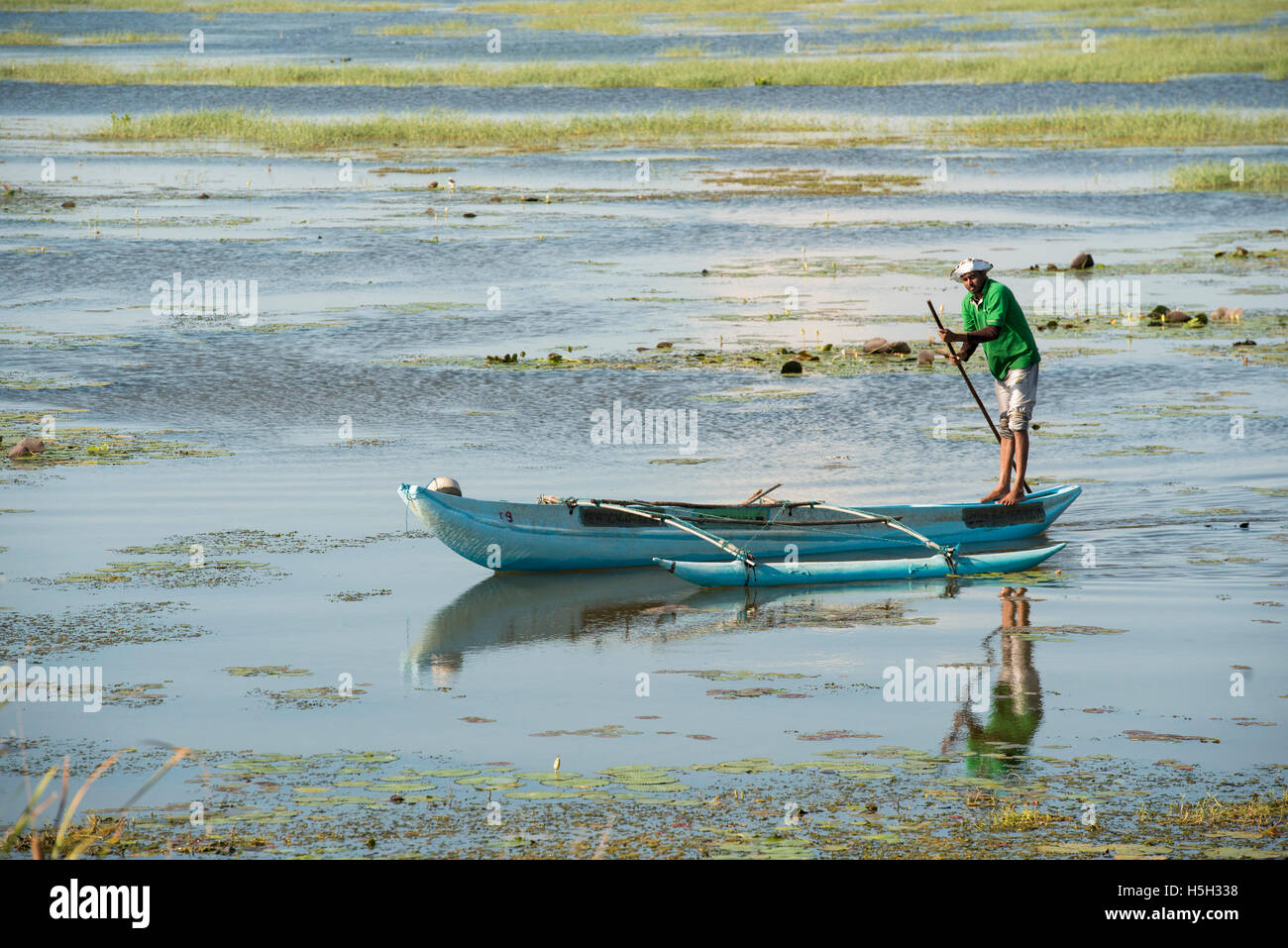 Pescatore sul Giant's serbatoio, serbatoio di irrigazione vicino a Mannar, Sri Lanka Foto Stock