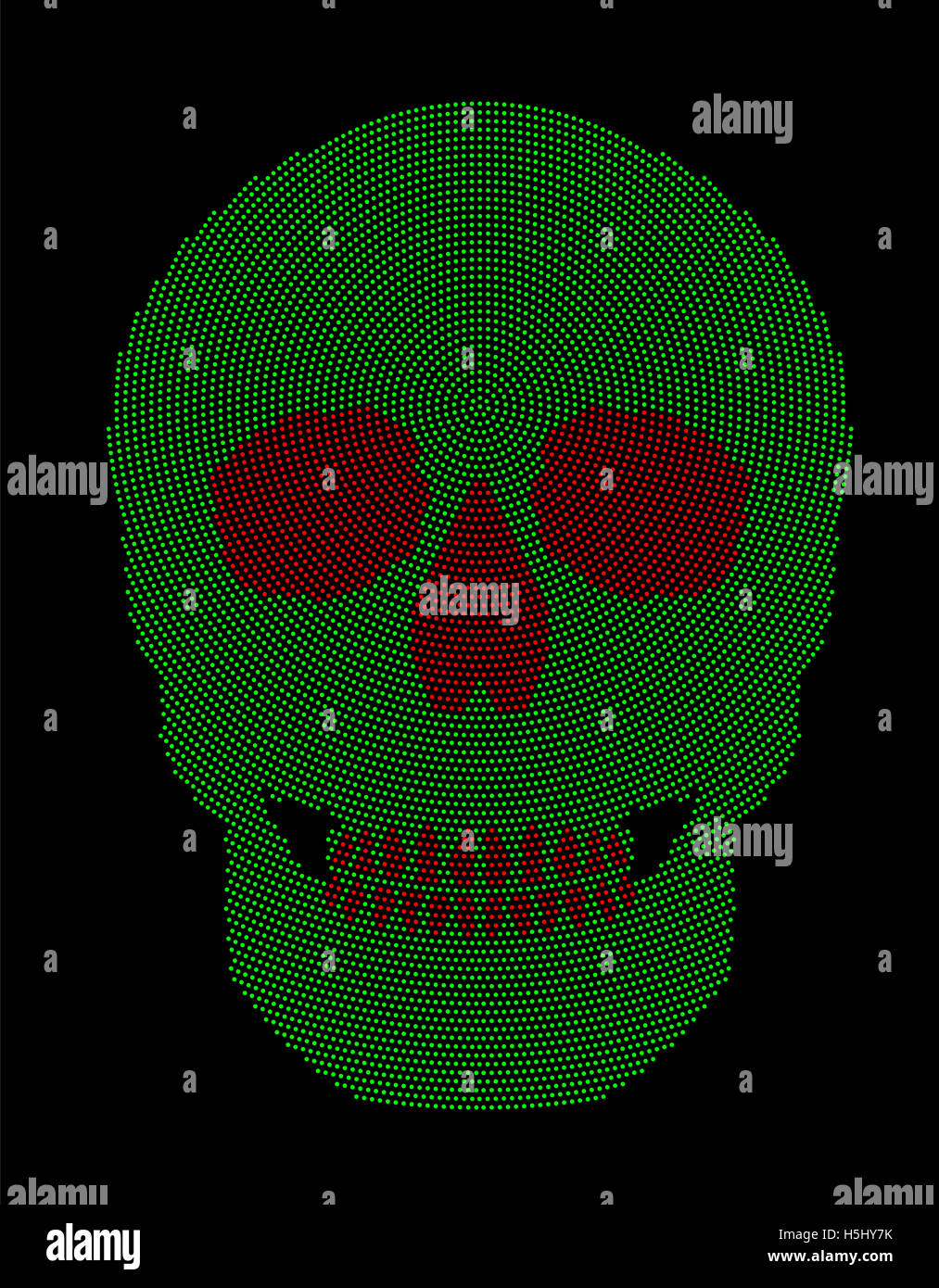 Cranio di colore verde e rosso puntino radiale pattern. Simbolo della struttura ossea di un capo di uno scheletro. Formata da punti. Foto Stock