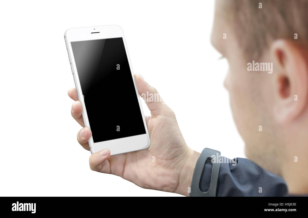 L'uomo guarda la smart display del telefono. Bianco isolato smart phone in mano. Schermo vuoto del dispositivo mobile per mockup. Foto Stock