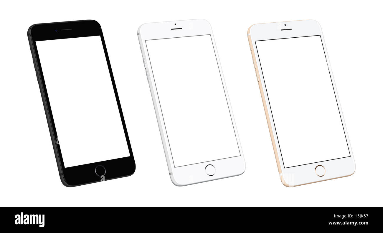 Tre moderni telefono mobile dei dispositivi in isometrica, posizione laterale. Telefoni isolati e display, schermo per app, web design. Foto Stock
