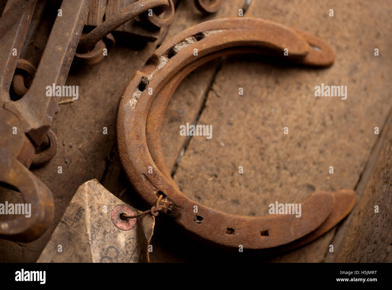 Due ferri di cavallo arrugginito in una scatola di legno / ferri di cavallo fortunato Foto Stock